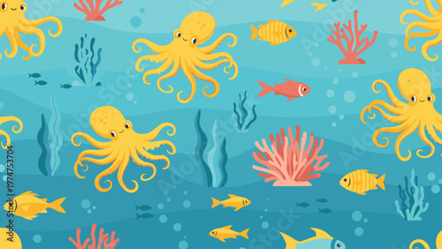 Underwater scene pattern with cute yellow octopuses orange coral and swimming fish on a bright blue sea background.