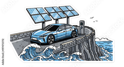 Electric car charging on cliffside road with solar panels