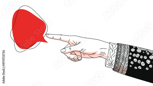 Vintage style hand pointing a finger towards a red abstract speech bubble for directional and communication concepts.