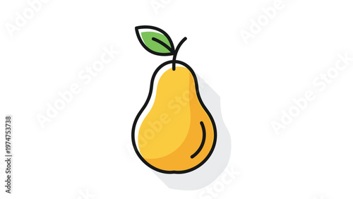 Minimalist pear fruit icon in yellow with a green leaf and soft shadow for healthy food and grocery branding designs.