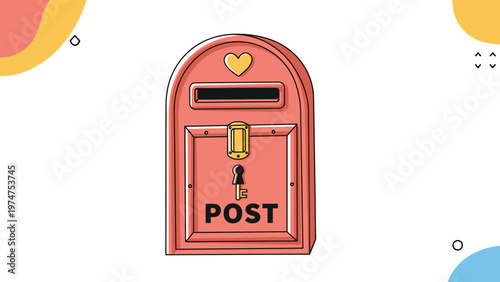 Classic red mailbox illustration with a heart symbol and keyhole on a modern abstract background for mailing concepts.