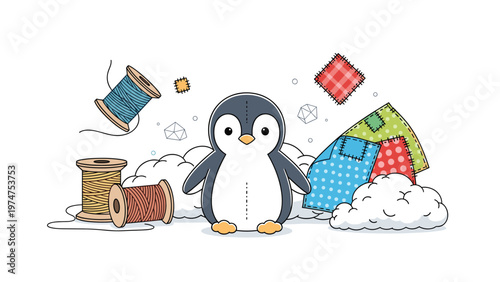 Cute penguin character surrounded by sewing supplies like thread spools and fabric scraps for craft and hobby themes.