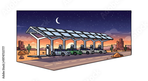 Solar powered gas station in desert landscape at sunset