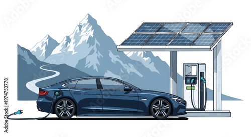 Electric car charging at solar powered station with mountain background