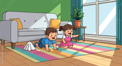 Two young children crawling on colorful rug in living room, boy and girl playing indoors on floor near sofa and window