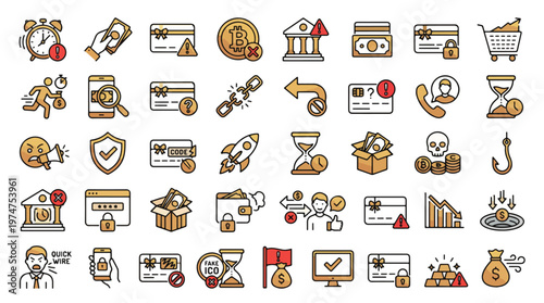 Social Security Scam and Retiree Warning Icon Set in Style. A collection of icons including identity theft, fraudulent phone, Medicare fraud, phishing, wire transfer, and more. Vector set.