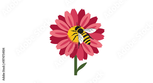 A bee collects nectar from a vibrant pink flower with lush petals on a green stem