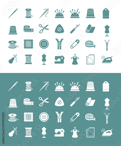 Sewing tools and equipment icons set 1.