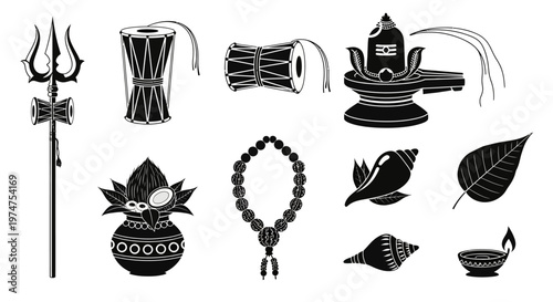 Hinduism religious symbols and objects collection.