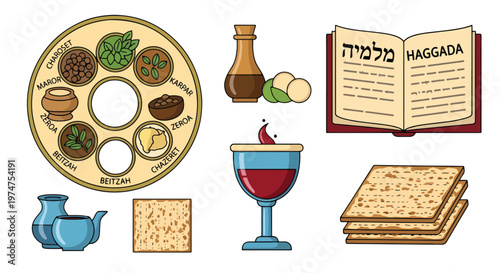 Passover seder icons set with traditional haggadah book wine cup matzah and symbolic plate items including zerao beitzah chazeret karpas and charoset