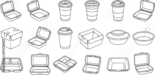 Black  White Line Art Vector Icons of Disposable Food Packaging. Takeaway Containers, Coffee Cups, Lunch Boxes, and Bowls for Restaurants, Food Delivery, and Catering Industry.
