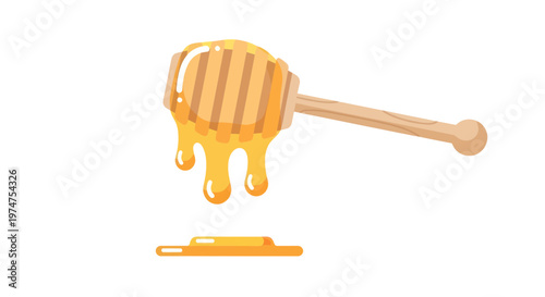 Honey drips from wooden honey dipper on white background golden liquid flow