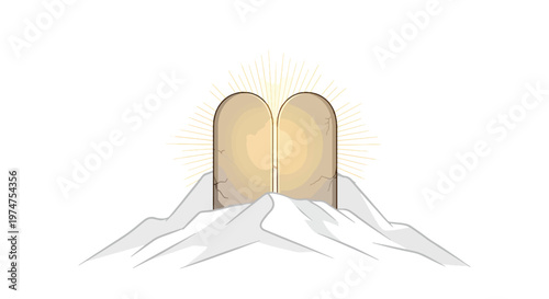 Ten commandments stone tablets on mountain peak with glowing divine light and rays for religious concept of law and covenant on mount sinai landscape