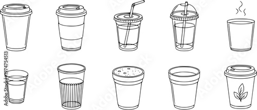 Black and White Line Art Set of Various Disposable Cups for Beverages, Coffee, and Drinks