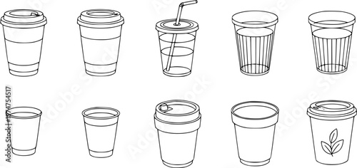 Black and White Line Art of Various Disposable Coffee Cups and Plastic Cups for Beverage and Food Service Industry