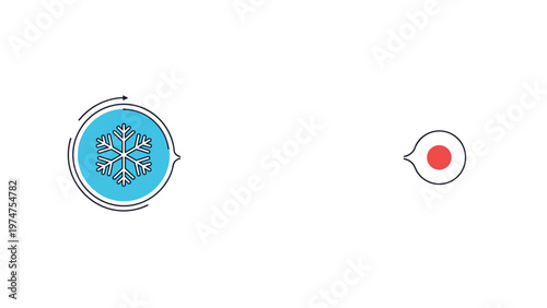 Simple icons representing temperature control feature a blue snowflake for cold and a solid red circle for heat.