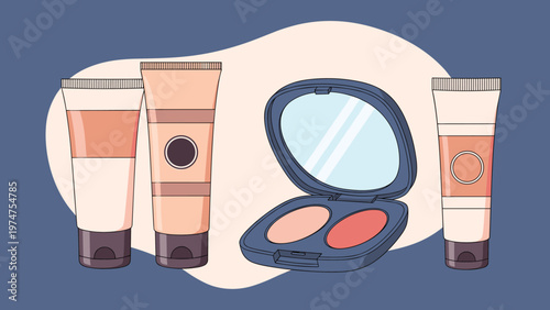 Collection of cosmetic products including multiple squeeze tubes and a compact face powder set against a blue background.