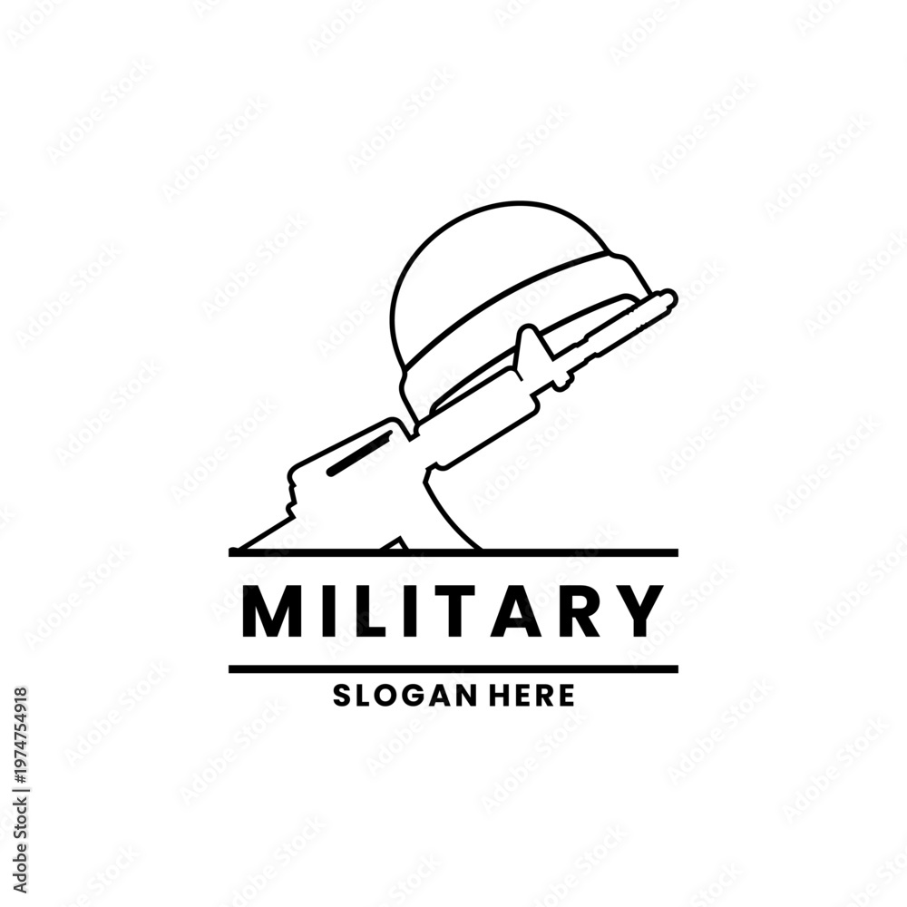 Obraz premium Military with Helmet and Rifle Line Art Logo Icon Design