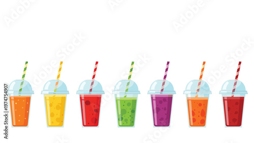 Row of seven different colored fruit smoothies or juices in plastic takeaway cups with colorful striped straws on white background.