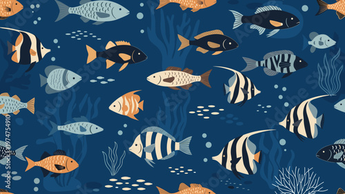 Colorful underwater scene featuring a diverse variety of tropical fish swimming peacefully through blue ocean waters.