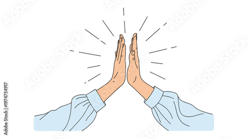 Two hands reaching out to give a celebratory high five with radiating light lines symbolizing success and teamwork achievement.