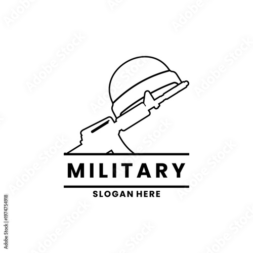 Military with Helmet and Rifle Line Art Logo Icon Design