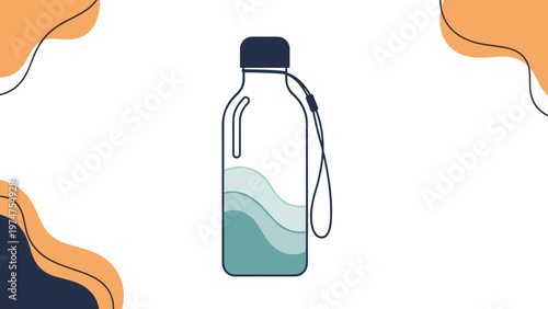 Transparent water bottle with blue wavy patterns and a carrying strap positioned between abstract orange and dark blue shapes.
