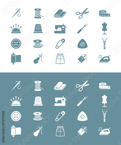 Sewing tools and equipment icons set.