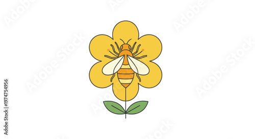 A bee collects nectar from a large yellow flower with green leaves on a white background illustrating nature and pollination