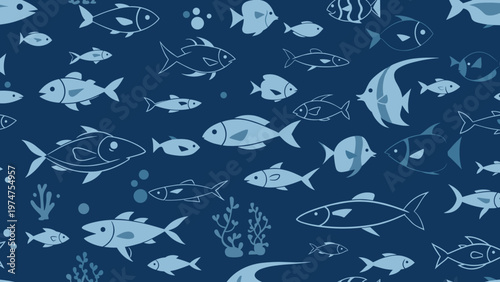 Seamless pattern of various blue fish silhouettes swimming in a dark blue sea environment for oceanic backgrounds.