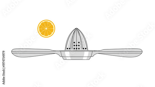 Manual silver citrus juicer shown with half of an orange floating nearby for fresh juice and kitchen themes.