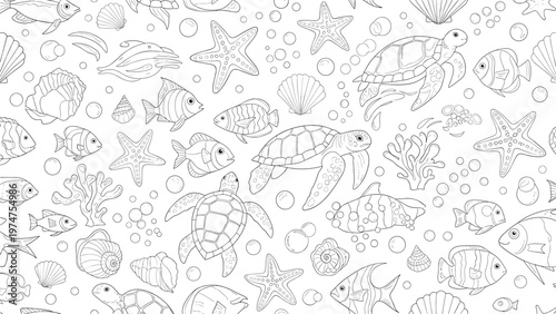Intricate black and white line drawing pattern featuring various sea creatures like turtles, fish, starfish, and coral on white background.