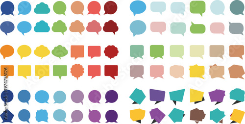 Colorful speech bubbles vector set featuring chat icons, message clouds and dialog shapes for communication, social media and messaging interface design