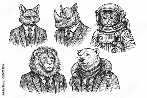 Anthropomorphic Animal Characters Set, Vintage Engraving Style Portraits of Fox Rhino Lion Bear and Astronaut Illustration