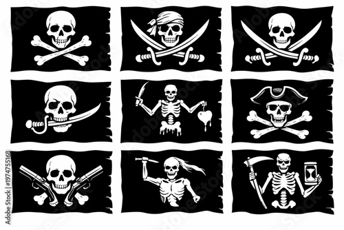 Pirate Skull Flags Set, Jolly Roger Symbols Collection, Vintage Black Pirate Flags with Skull and Crossbones Vector Illustration