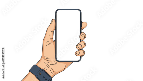 Detailed illustration of a human hand wearing a smartwatch holding a modern smartphone with a blank white screen for copy space display.