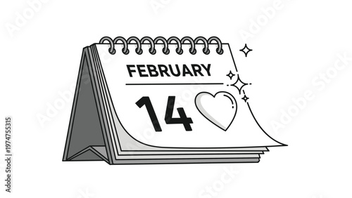 Black and white line art illustration of a desk calendar showing February 14 with a heart and sparkles for Valentines Day celebration.