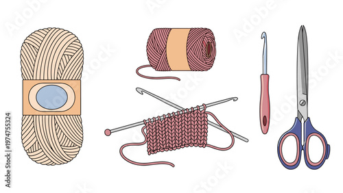 Collection of knitting and crochet supplies including yarn balls needles a hook and scissors for handmade crafts and hobby themes.