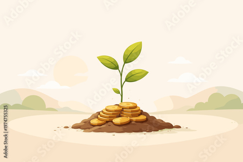 Money Growth Concept with Plant Sprouting from Coins and Financial Investment Illustration