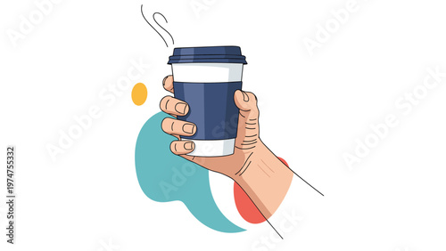 Illustration of a hand holding a steaming blue and white take out coffee cup against a background of abstract colorful shapes for cafe themes.