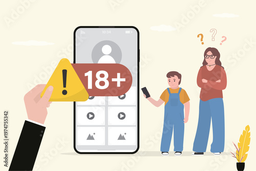 Parental control. Age restriction. Mobile phone with various content, parent hand gives label - 18 plus. Kids looking on smartphone with media content for adults.