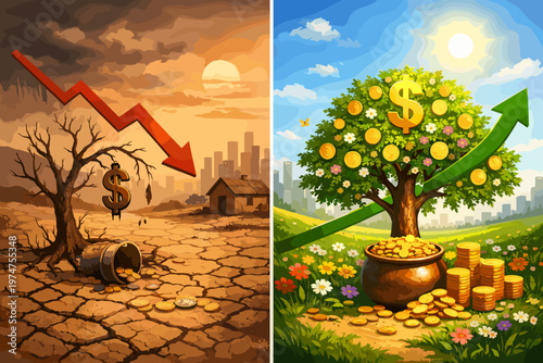 Economic Crisis vs Growth Concept with Drought Landscape and Money Tree Prosperity Illustration