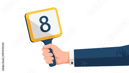Illustration of a hand in a business suit holding up a yellow scorecard with the number eight for judging and competition scoring.