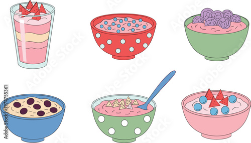 Smoothie bowls and yogurt desserts vector set featuring fruit toppings, granola and healthy breakfast dishes in colorful hand drawn style
