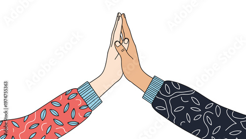 Creative illustration of two diverse hands doing a high five with colorful patterned sleeves representing vibrant teamwork and cooperation.