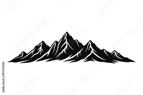 Silhouette Illustration Of Majestic Snow-Capped Mountain Range With Jagged Peaks, Black And White Minimalist Design, Dramatic And Serene Landscape