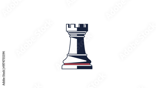 Modern black and white chess rook piece illustration with a red accent line representing strategy power defense and game competition.