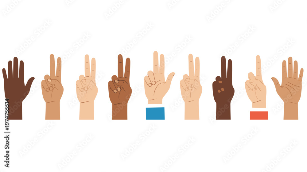 Obraz premium Diverse group of hands with different skin tones showing various finger gestures and counts from one to five on a white background.