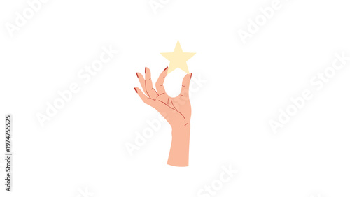 Hand reaching upward with fingers spread and holding a small yellow five-pointed star between the thumb and forefinger for hope.