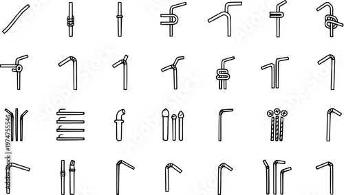 Food and Drink Black and White Line Art Icons Set of Various Drinking Straws. A diverse collection of bent, straight, reusable, and disposable straws for beverages and party concepts.